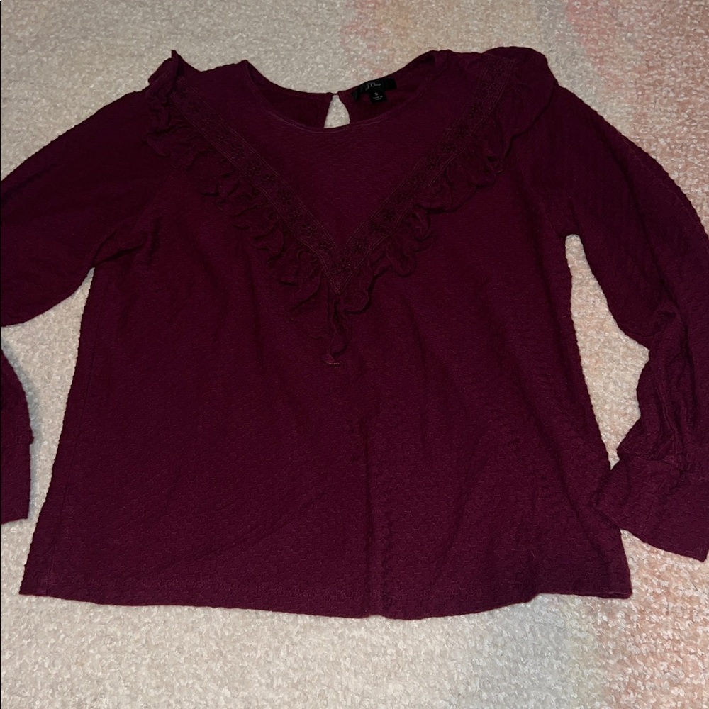 J. Crew Deep Burgundy Blouse with Ruffle Accent